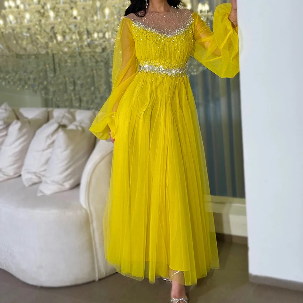 

Customized A-line Evening Dresses Ankle-length O-neck Full Sleeve Prom Gown Simple Fashion Sequined Draped Exquisite Party Gown