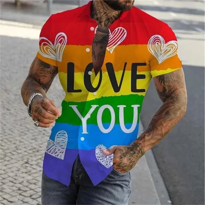 قميص قوس قزح ملون مطبوع ثلاثي الأبعاد للرجال صيفي غير رسمي بقصة ضيقة وأكمام قصيرة قمصان مثليه للمثليين قمصان علوية Camisas De Hombre #2