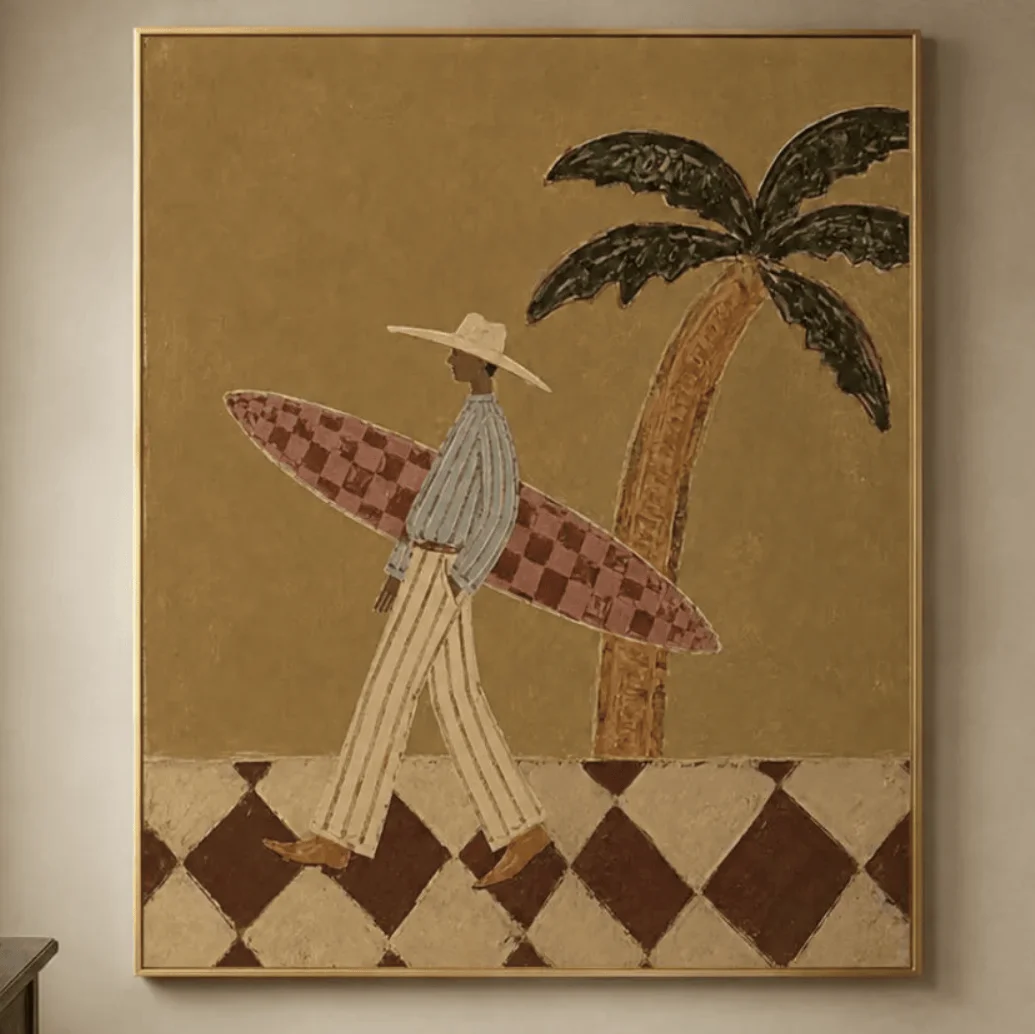 Vintage Neutral Surfer Palm Wall Art Canvas Prints Decor, Bohemian Beach Poster for Bedroom Living Room Coastal Entryway