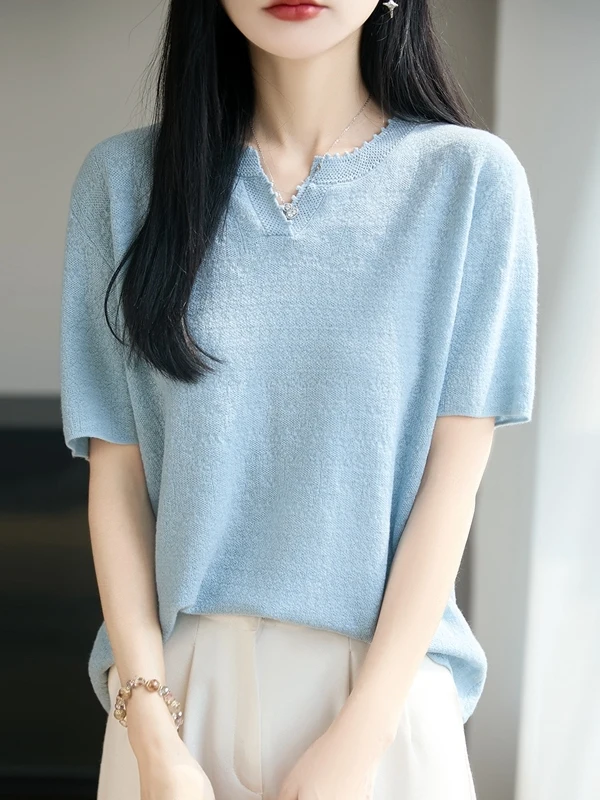 

Versatile Knitted Short Sleeve Woolen T-Shirt Women's Slim Fit V-Neck Summer New Style Thin Body Shaping Short Length Top
