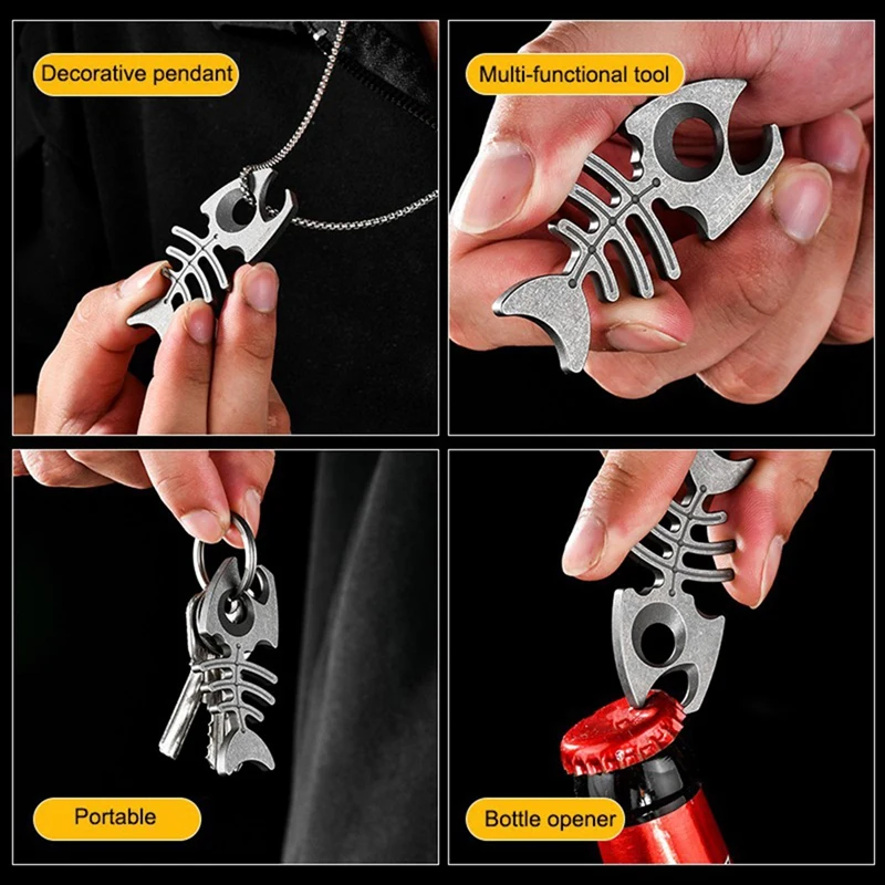 Titanium Alloy Fish Bone Keychain - Multifunctional Bottle Opener, Portable Necklace Gift For Outdoor Activities