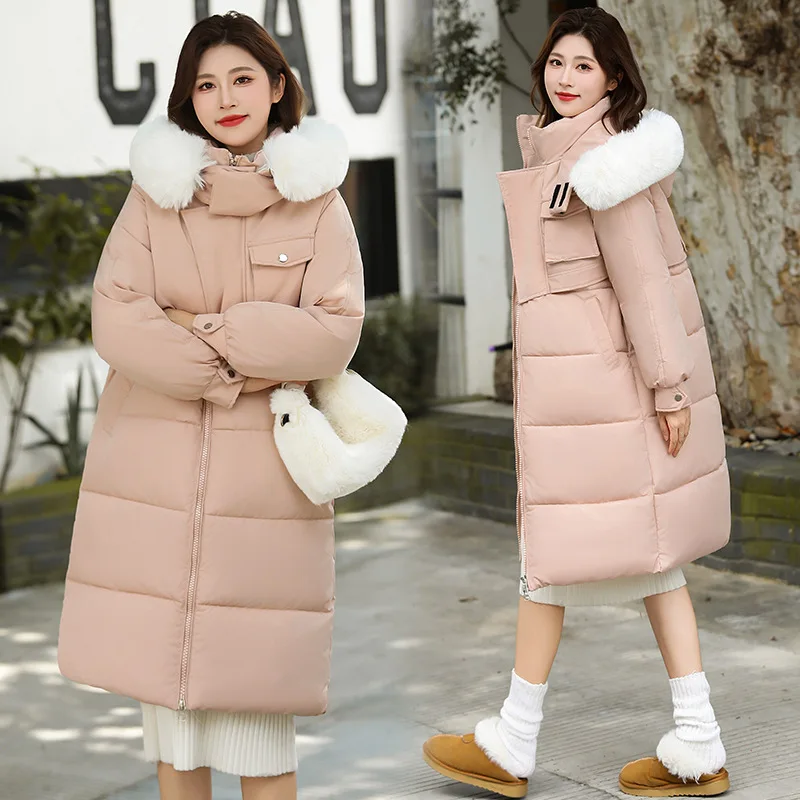 Women Parkas Coats Hooded Fur Collar Mid Length Jackets Full Sleeve Thick Warm Y2k Streetwear Jacket Work Autumn Winter 2025