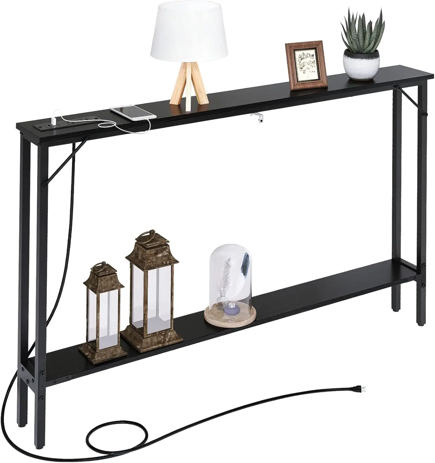 Slim Console Table with Charging Station USB Ports Plug-In Skinny Entryway Hallway Sofa Table Behind Couch Black Rectangular