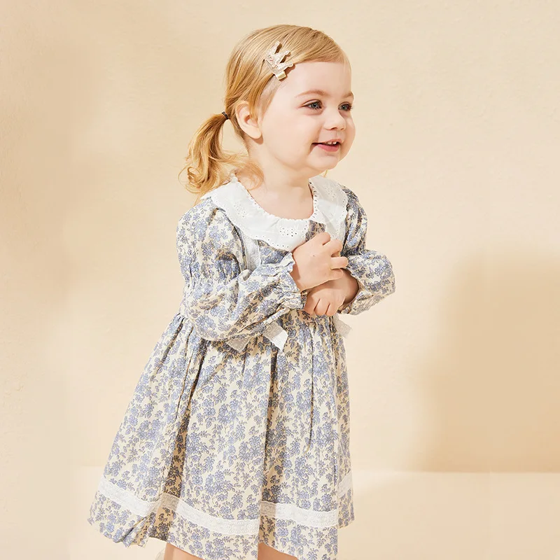 

Girls' Long Sleeved Spring Dress, Forest Style Floral Western-style Bow, Doll Neck Princess Dress Available in Multiple Colors