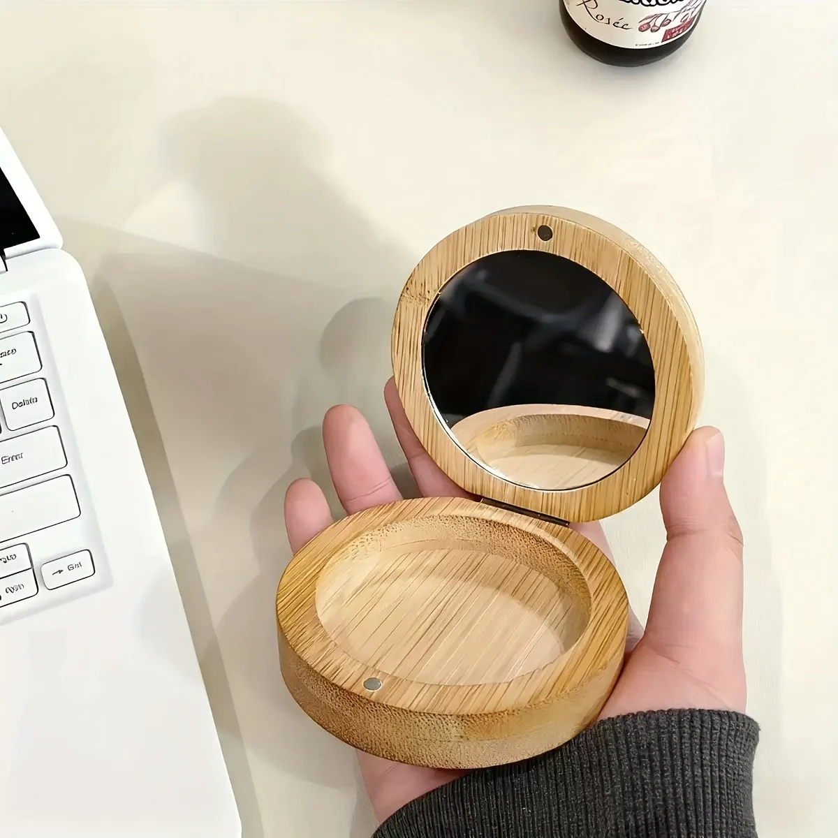 2pcs This Makeup Mirror Is Made Of Wooden, Meticulously Polished, And Packaged In A Stylish, Simple, And Sturdy Bamboo Safety Bo