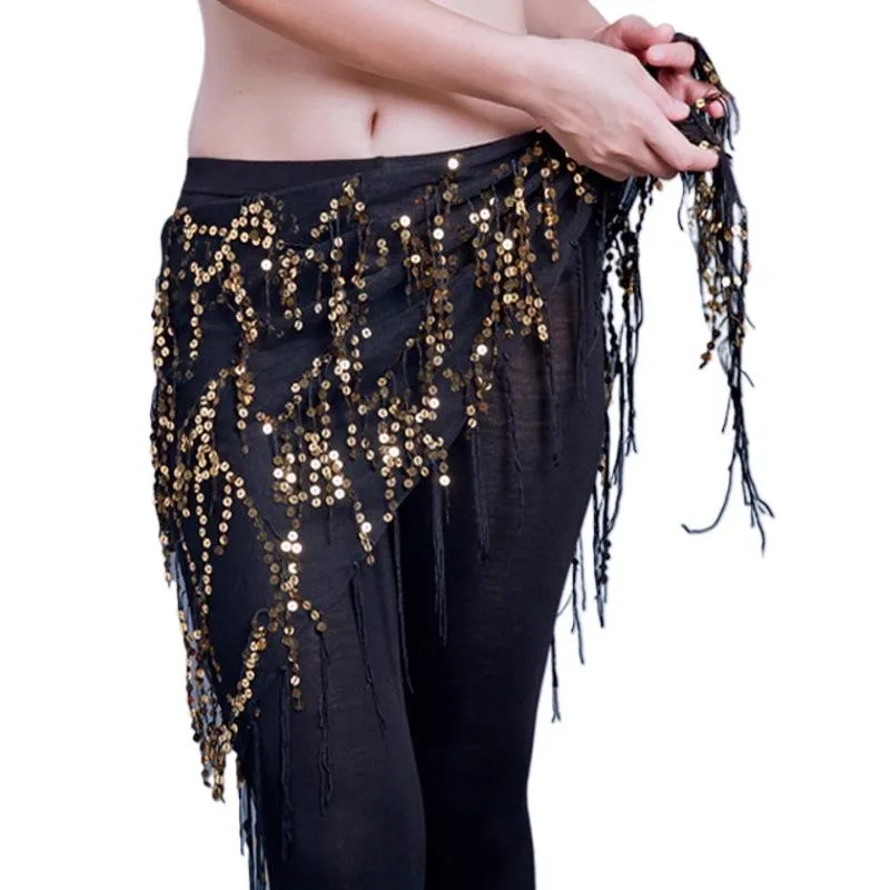 Shiny Sequins Mesh Belly Dance Hip Scarf Dancing Belt Triangle Shawl Tassel Waist Chain Skirt Costume for Women/Girls Party Suit