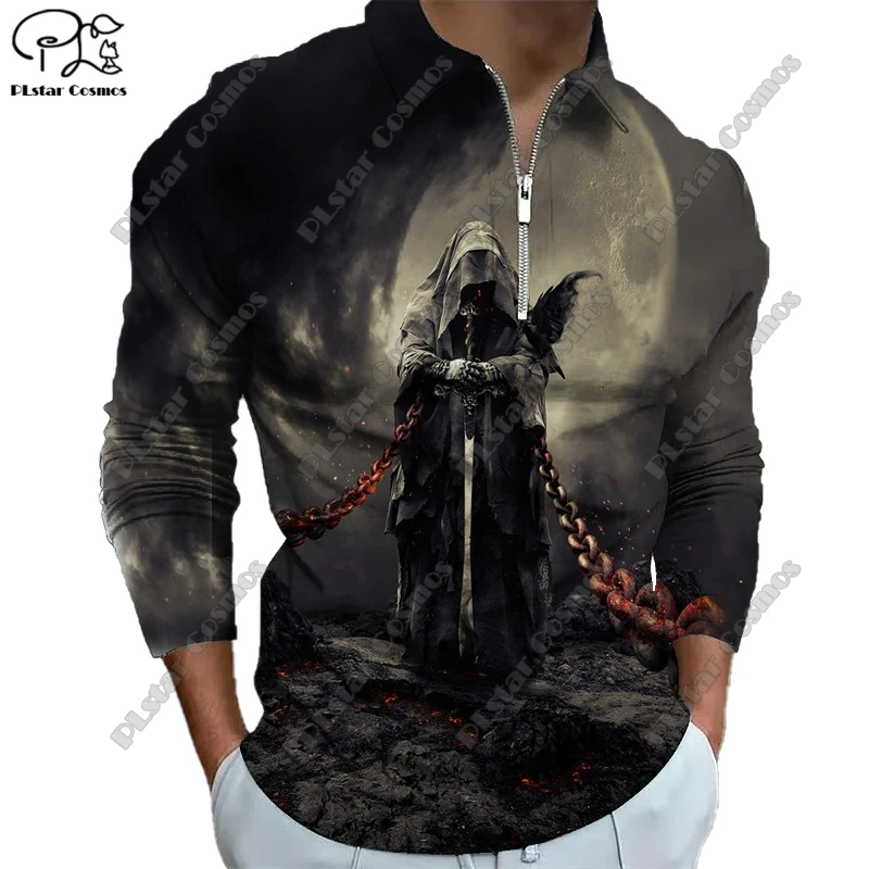New Long Sleeve Zipper Polo 3D Print Halloween Collection Scary Skull Raven Dark POLO Long Sleeve T-Shirt Unisex Gift KB-5