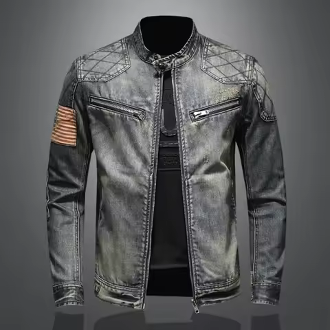 Chaqueta vaquera Vintage con cremallera, abrigo vaquero ajustado de algodón, pantalones vaqueros de manga larga, bolsillo suelto, top con cremallera, chaqueta de invierno para hombre