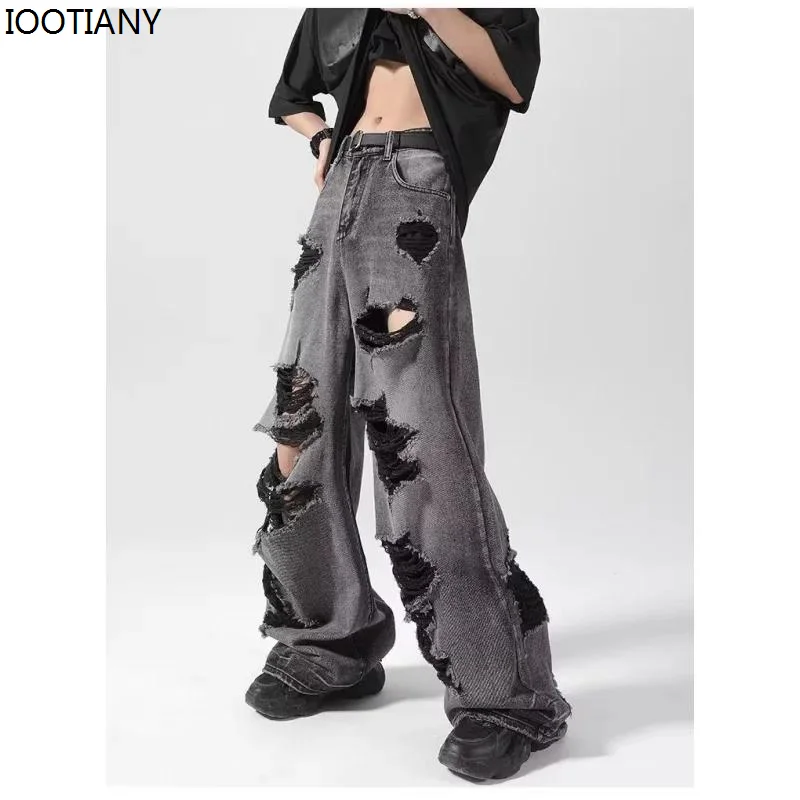 New Black High Waist Unisex Jeans Worn-out American Fashion Vintage Streetwear Wide Leg Trousers Baggy Straight Denim Pants