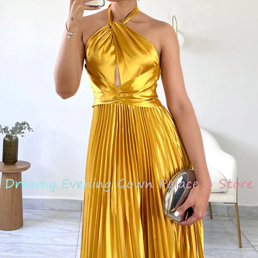 Customized Luxury Satin A-Line Evening Dress Temperament Floor Length Halter Sleeveless vestidos para mujer Custom Size