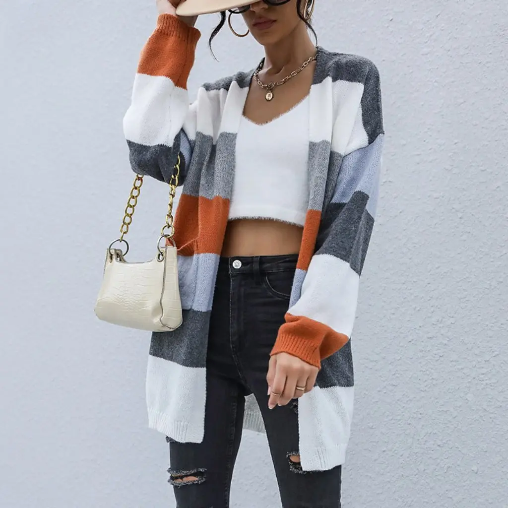 

Women's Striped Knitted Cardigan Mid-Length Sweater Jacket Autumn Winter European American Design Fashion