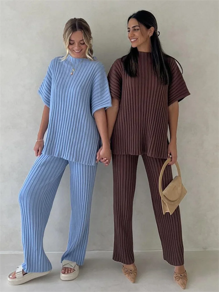 

Tossy Summer Casual Knit 2 Piece-Set Women's Pants Ribbed Loose Sweater Pullover And Solid High Waist Trousers Outfits Female