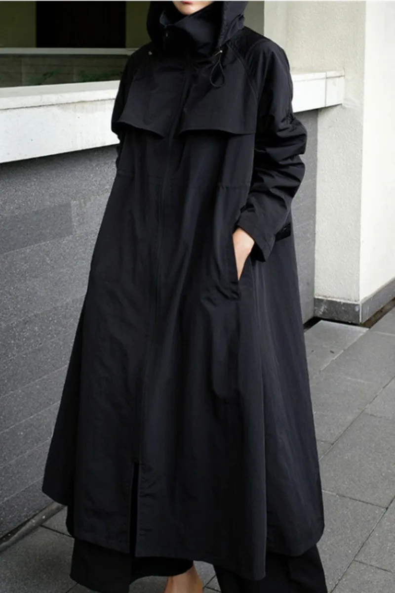 

Chuni Man Korean Sle Women's Faionable Oversized Coat Hooded Midi Length Windbreaker Spring Autumn New Arrival Pure Color