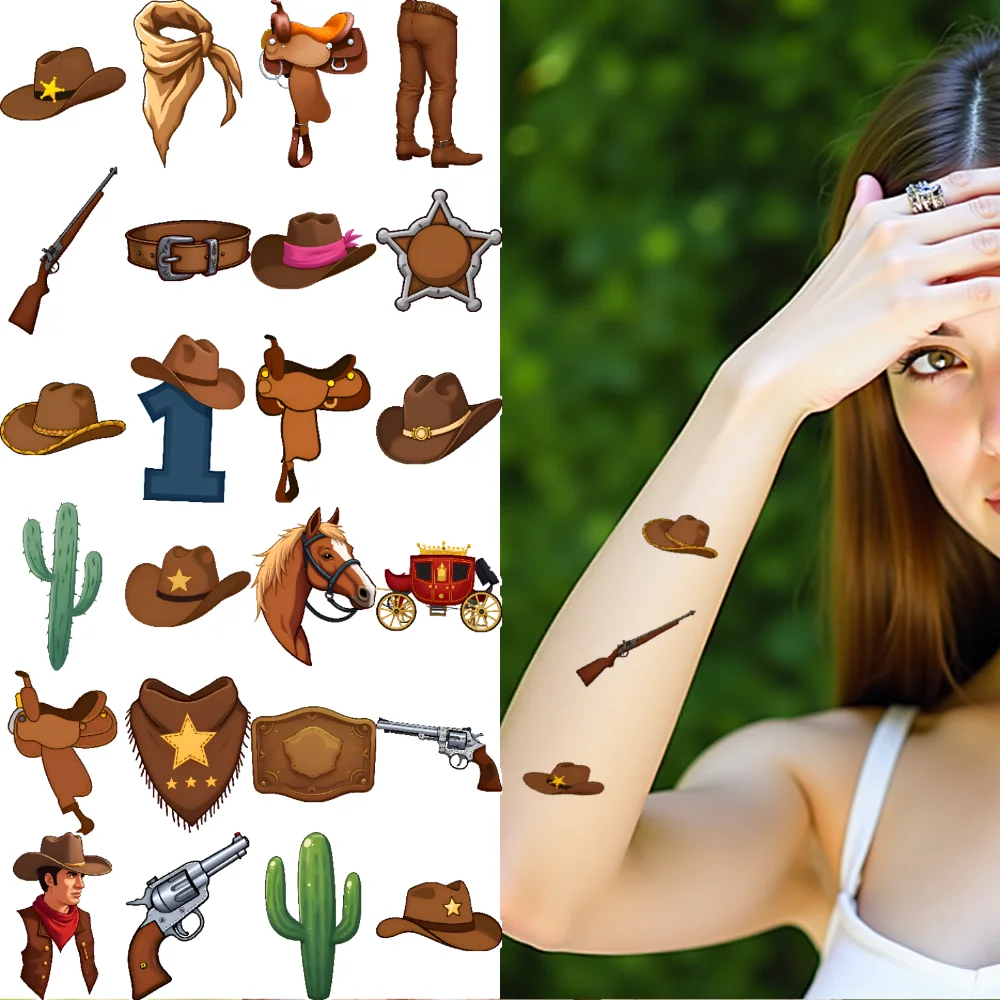 

63pcs Temporary Tattoo Cowboy Stickers Temporary Tattoo Stickers Western Stickers Cartoon West Cowboy For Shoulders Arms