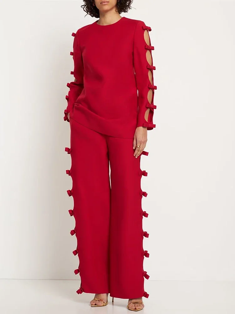 HIGH STREET Newest 2024 SS Designer Runway Suit Set Women\'s Long Sleeve Hollow Out Bow Blouse Tops Wide Leg Pants Set 2pcs