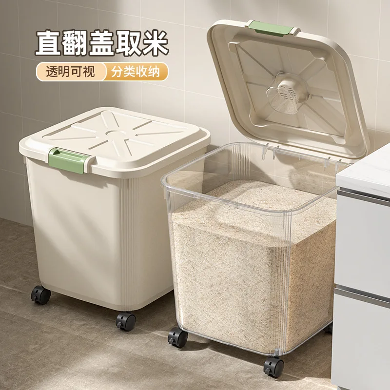 

Большой контейнер для хранения риса из пищевого пластика для дома, кухонный, с защитой от насекомых, с колесами, для круп, коробки и ящики для хранения