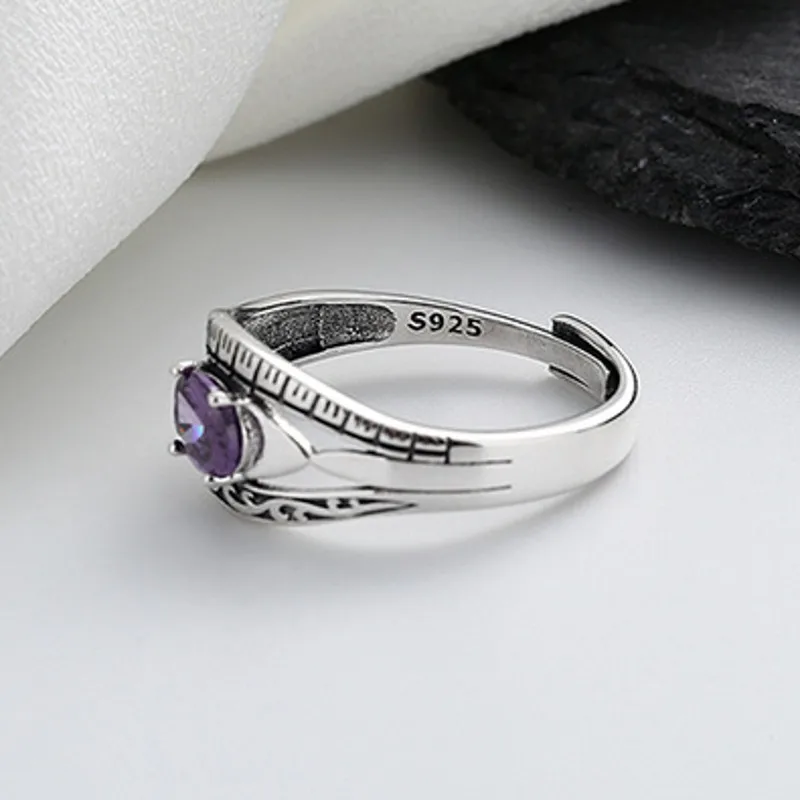 BOCAI 100% S925 Silver Palace Style Double-Layer Purple Zircon Patterned Ring for Women Fashionable and Elegant Jewelry