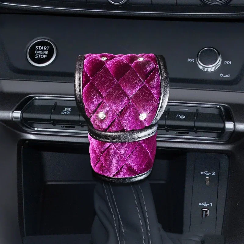 Plush Car Gear Shift Handbrake Rearview Mirror Armrest Cover Shoulder Pad Set Purple Crystal Decor Set Car Accessories for Woman