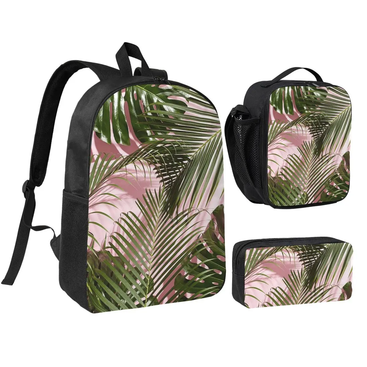 Tropical Palm Leaves Foliage Backpack Student BookBag School Bag Shoulder Bags 3ps Insulated Lunch Bag Pencil Case