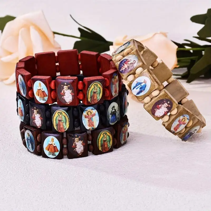 Bracelet chapelet en bois avec finition huilée, bijoux de prière spirituels pour usage dévotionnel, avec autocollants d'icônes religieuses élégants