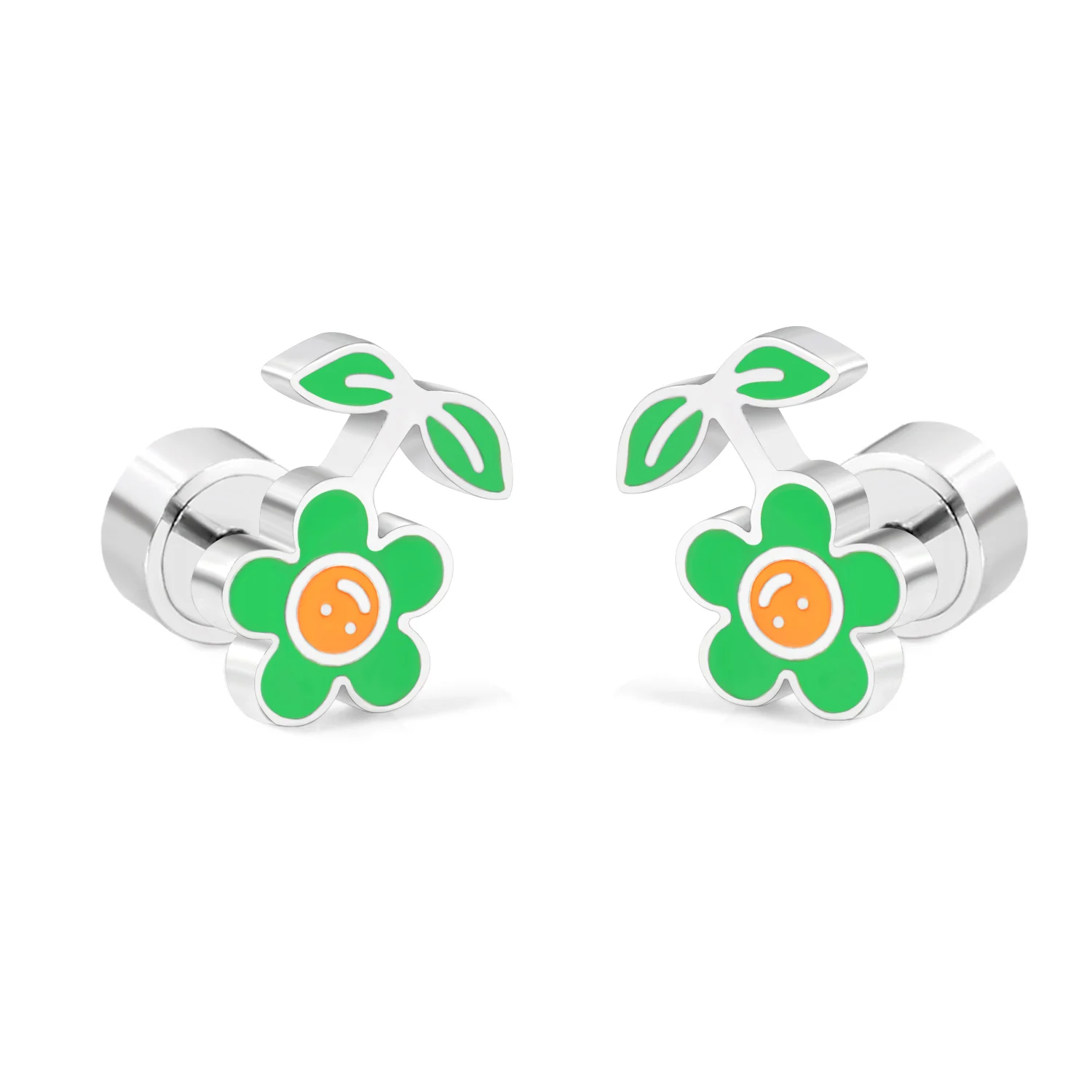 Cartoon Green Flower Ear Studs, Anti-allergy Stainless Steel Press Back Tiny Piercing Earrings Fashion Ornament Gift