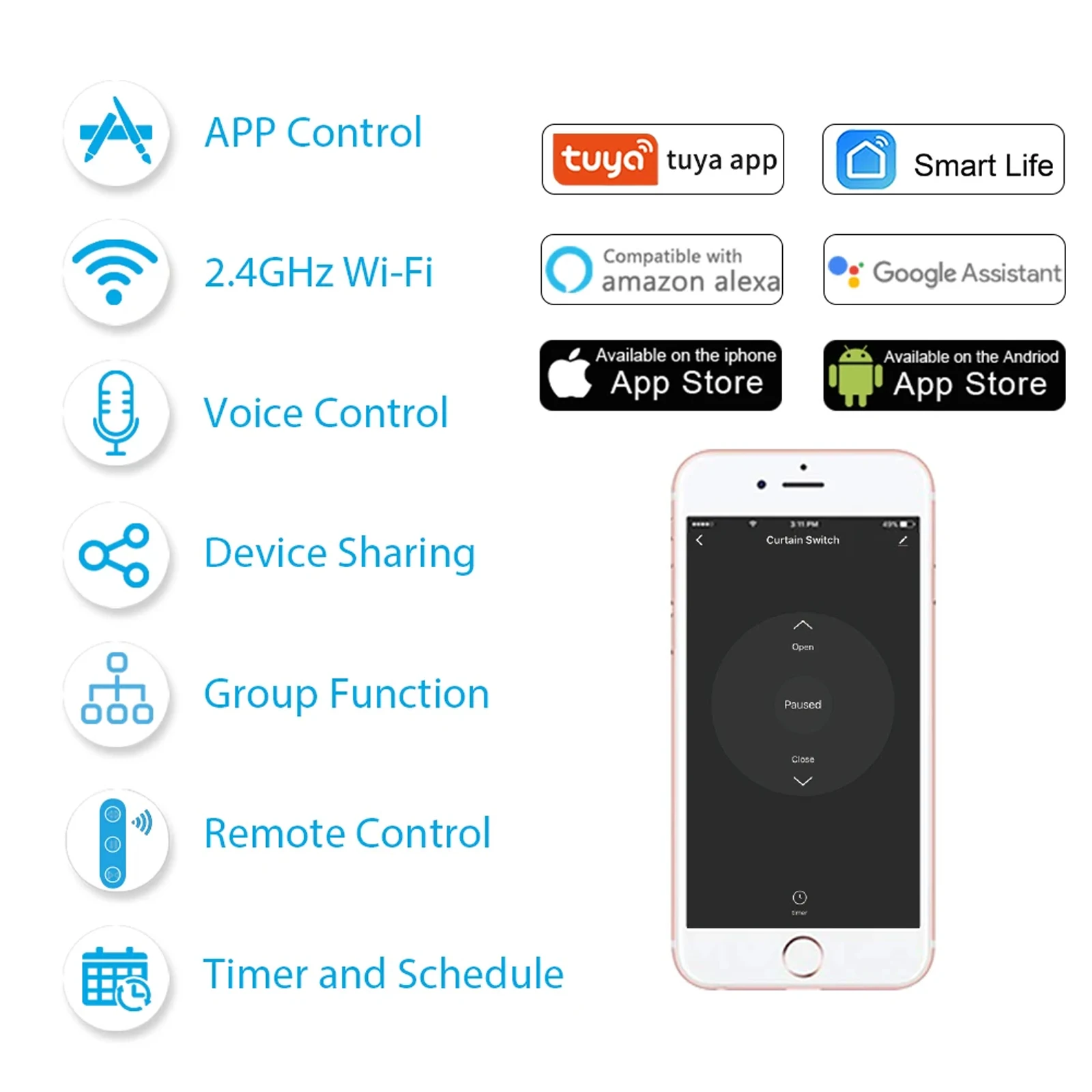 Tuya Smart Life RF WLAN Smart Vorhang- und Rolladen-Schalter Google Home Alexa Echo Sprachsteuerung Smart Home App Timer – Detail 4