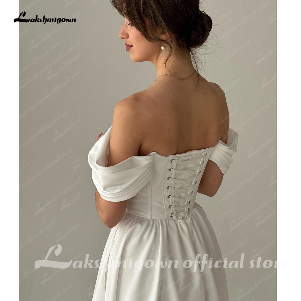 Lakshmigown Off The Shoulder Pleat Sweetheart Thick Satin A Line Wedding Dress V-shape Waistline Bridal Gowns Customized