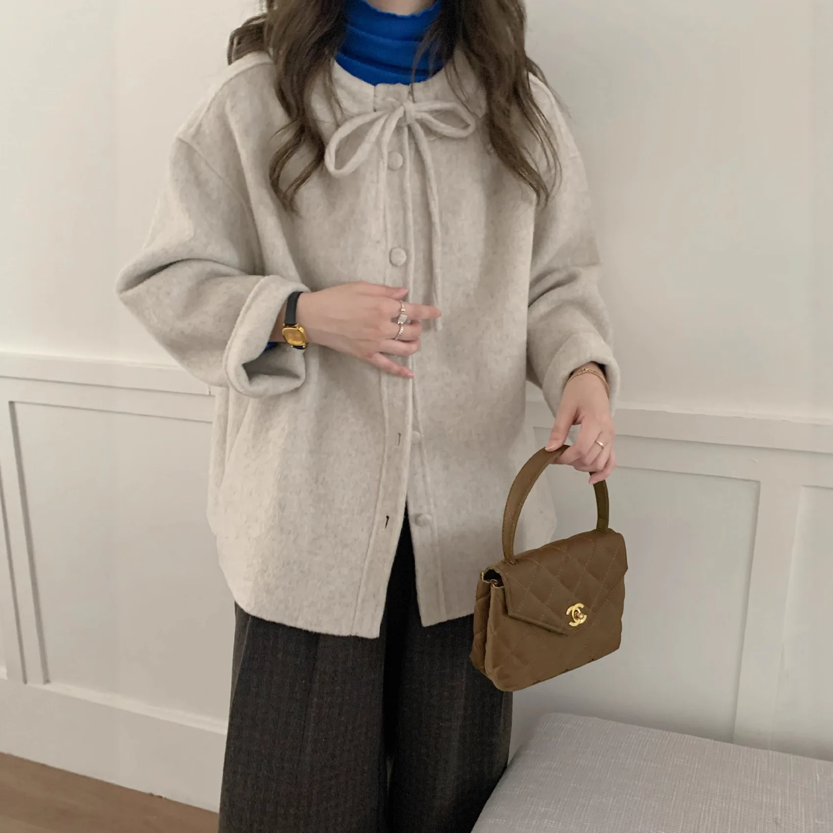 양면 카메라 티 울 코트 여성용 루즈핏 매듭 모자 디자인 겨울 패션 아우터웨어