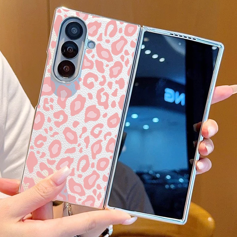 Leopard Print Case For Samsung Z Fold 7 6 5 Hybrid Leather Skin Plating Folding Phone Cover For Samsung Z Fold7 Fold6 Fold5