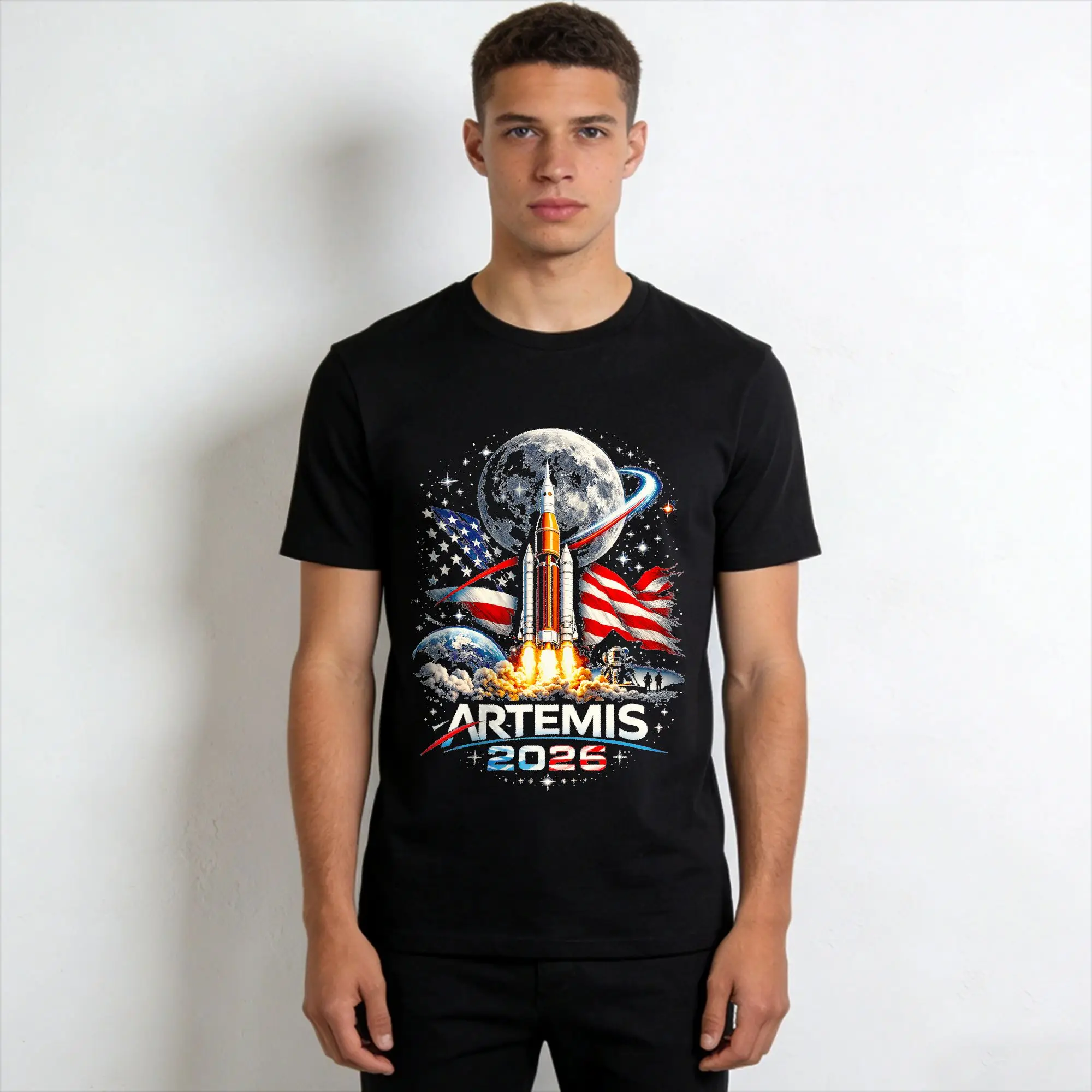 Vintage Artemis II Launch to The Moon 2026  T-Shirts Men O Neck Cotton T Shirts  Short Sleeve Tee Shirt Gift Idea Clothes