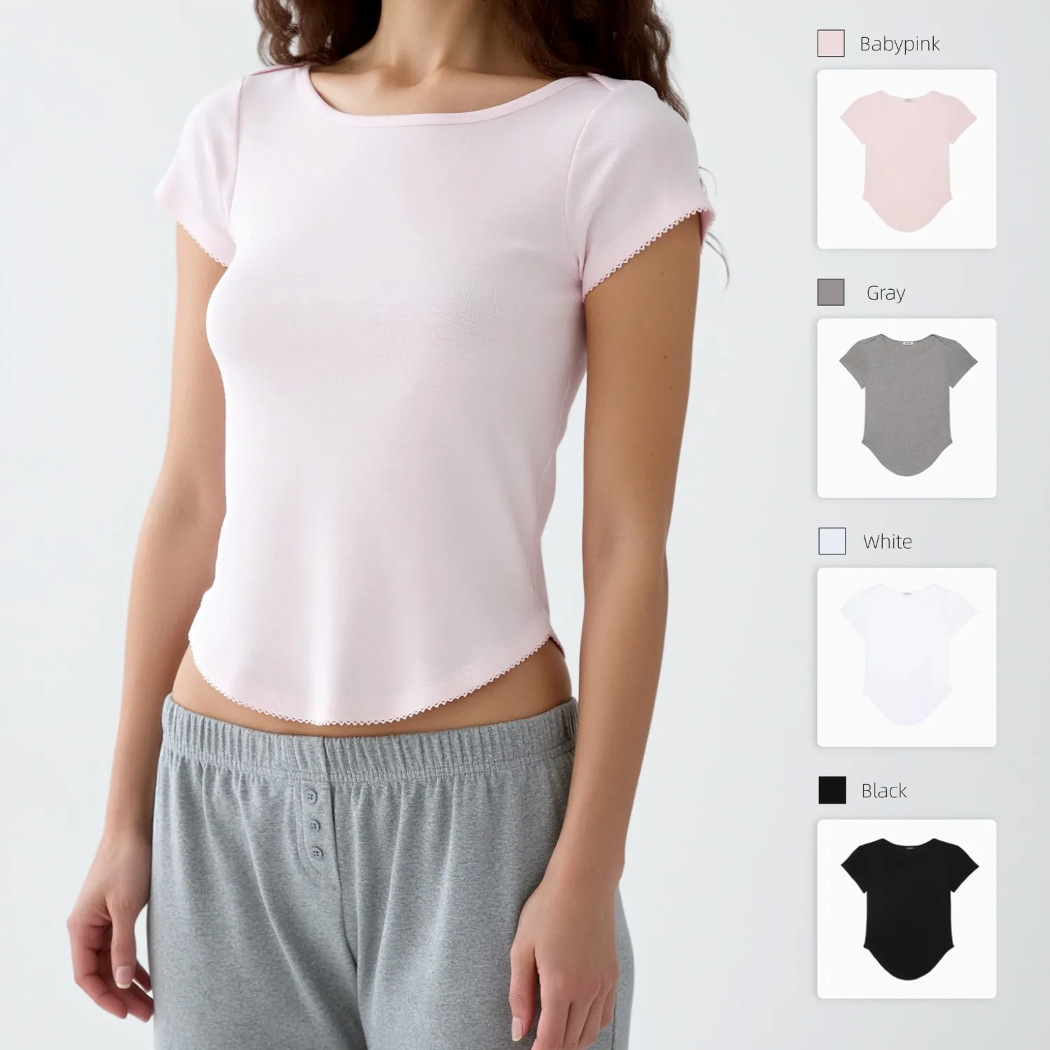 COUCOU Pink and Gray Kiko Style Solid-Color Boat-neck Short-Sleeve T-Shirt with Curved Hem and Dog-Tooth Lace Edging