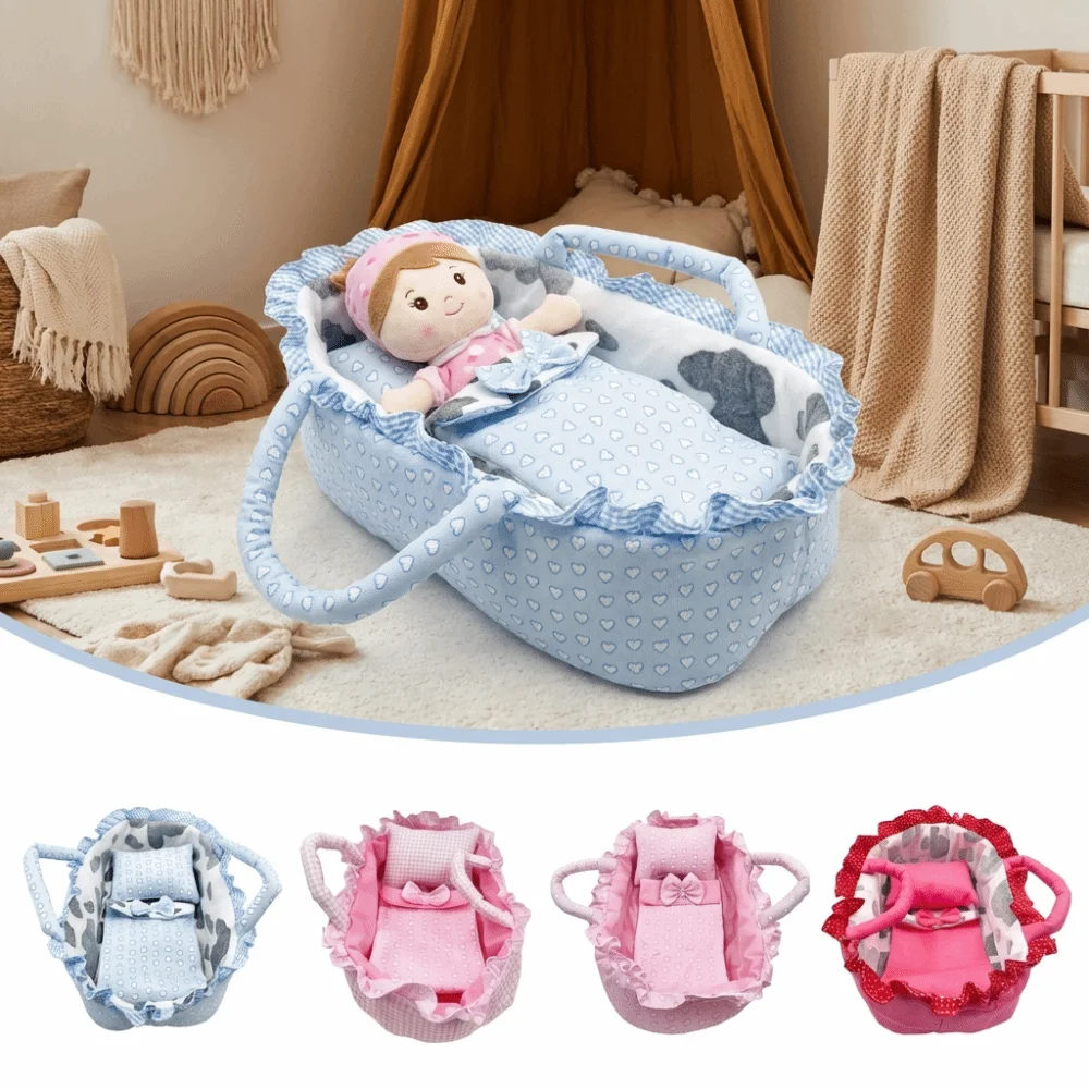 Hand-pull Design Doll Basket Soft Pink Gingham Dollhouse Accessories Washable Material Ruffled Design Pretend Play Toys