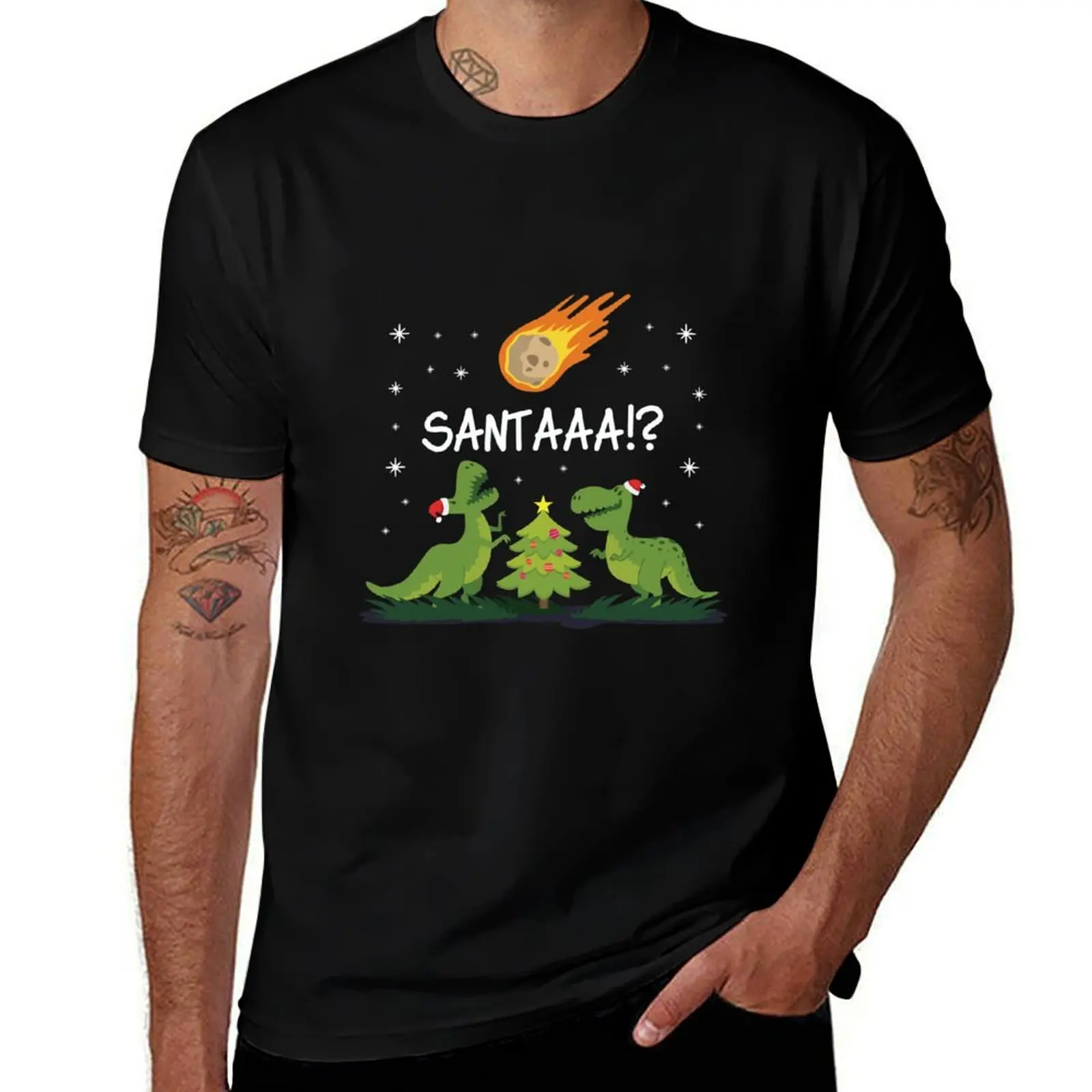 Christmas Dinosaur Meteor Santa Dino Design T-Shirt Soft Basic Cotton Short Sleeve Tee T-Shirt
