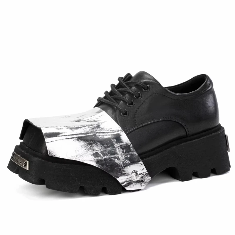 British Original Design Black Silver Derby Shoes for Men's Genuine Leather Personalized Fashion Thick Soled Casual Dress Shoes