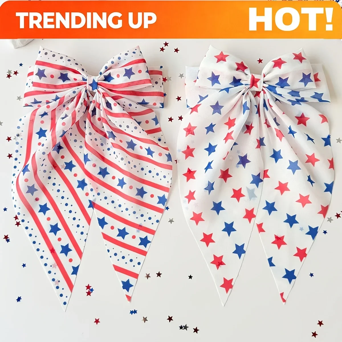 Customization 2pcs Independence Day American Flag Element Star-Shaped Fabric Print Bow Hair Clips, Women's Fashionable Sweet