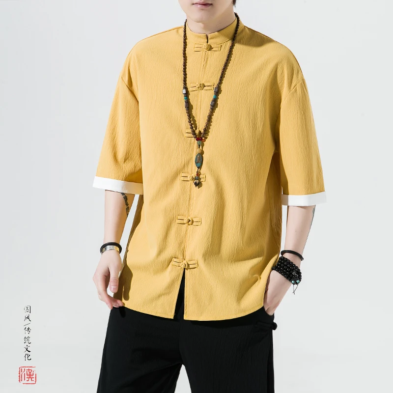 

Летние рубашки мужские в китайском стиле ретро традиционный однотонный костюм Тан кардиган мужские кунг-фу тай-чи повседневные блузки одежда мужская