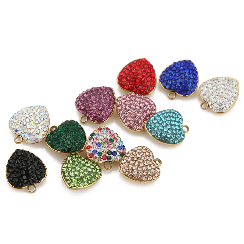 

5pcs 11mm Stainless Steel Colorful Love Heart Rhinestone Charms for Jewelry Making Earrings Necklace Heart Pendants Supplies