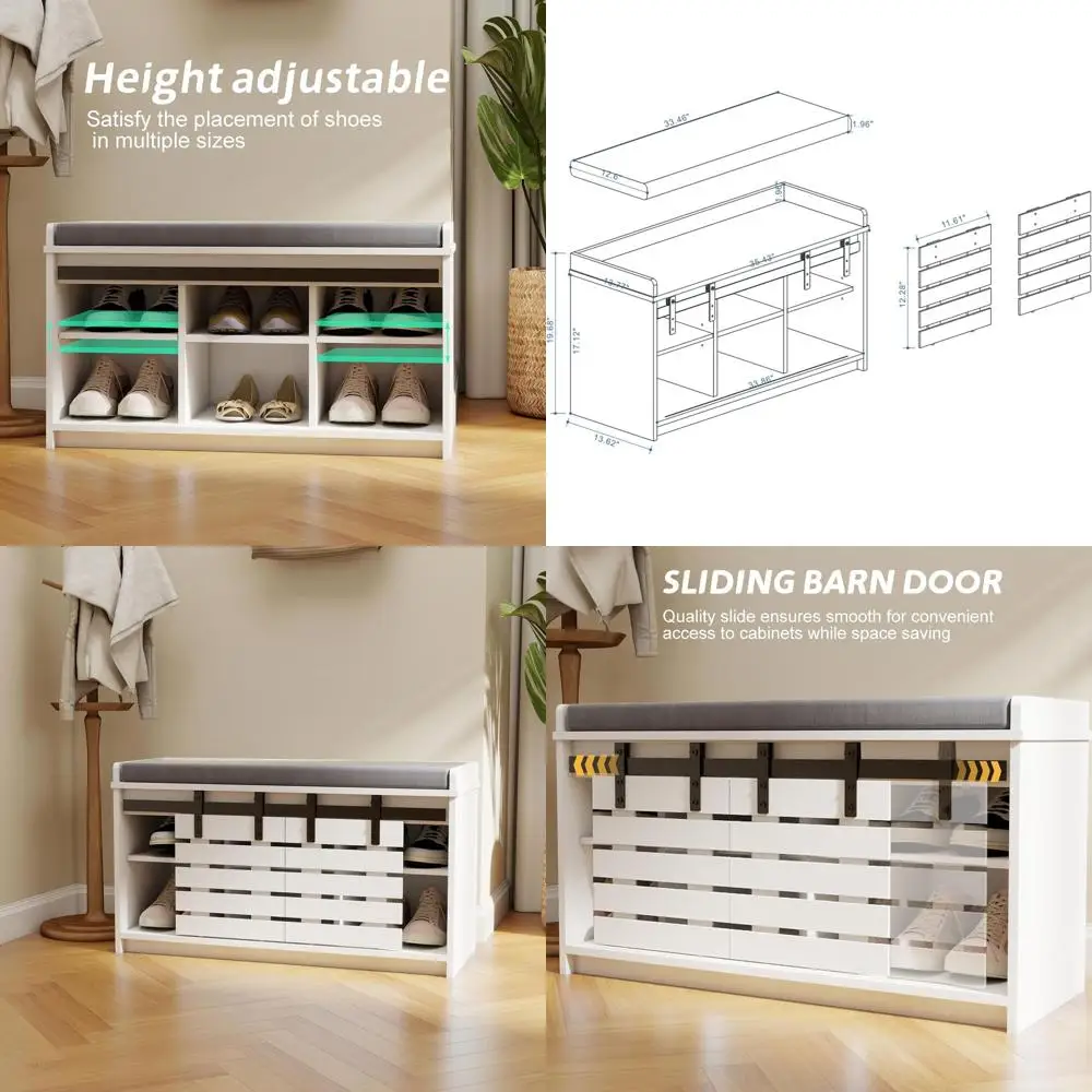 

White Sliding Door Shoe Storage Bench with Grey Cushion and Adjustable Shelves