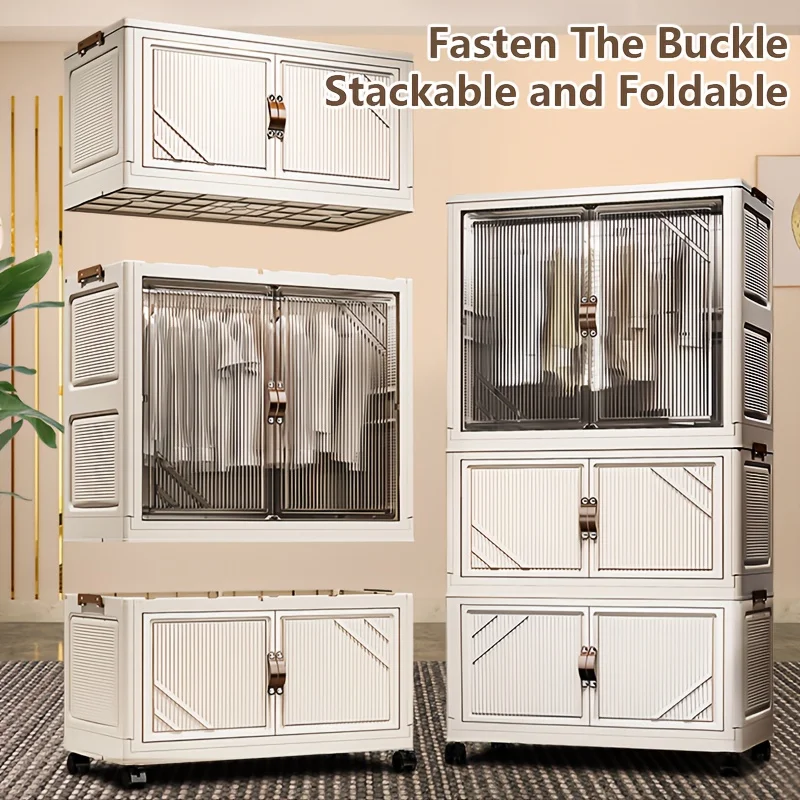 Foldable Plastic Wardrobe with Wheels, Easy Assembly Portable Collapsible Closet Storage Cabinet, Multi-Layer Stackable Clothing