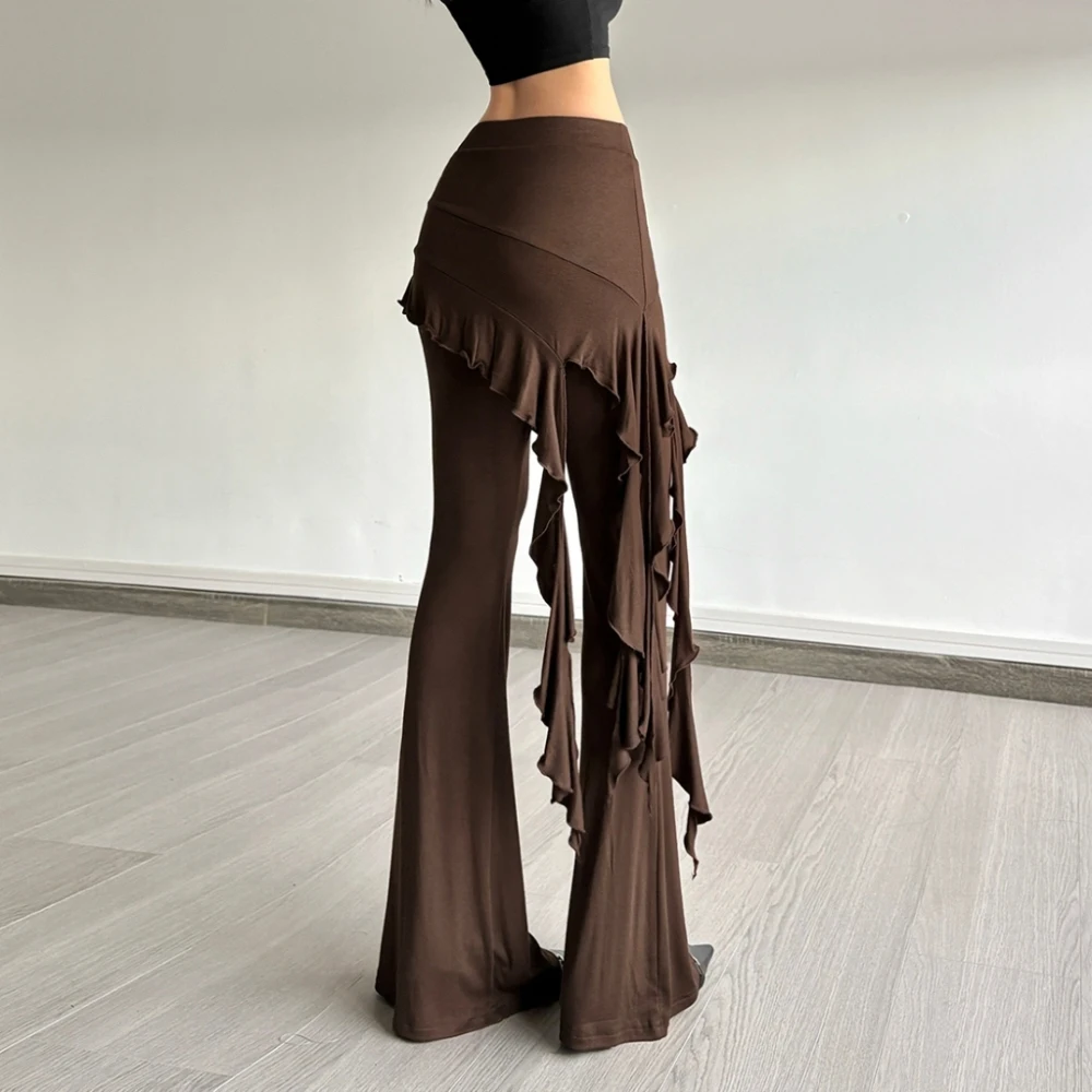 SylCue Satin Surface Patchwork Pant Women High Waist Skinny Hip-Covering Ribbons Asymmetrical Design Street Casual Simple Bottom