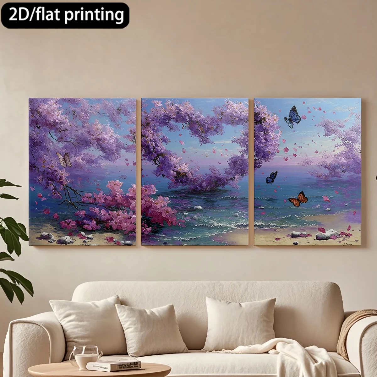 

Декоративная картина на холсте из трех частей: сцена с цветущими деревьями в форме сердца, морем и бабочками.