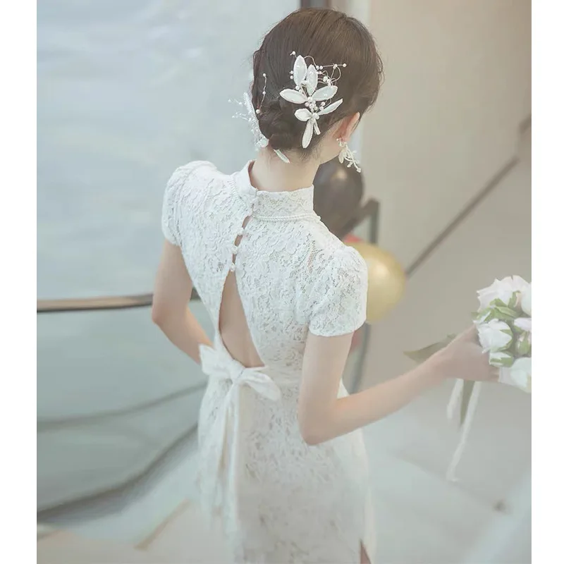 Sexy Long Mermaid Wedding Dress Bridal White French Vintage Lace Qipao Slim Toast Clothing Robe De Mariee