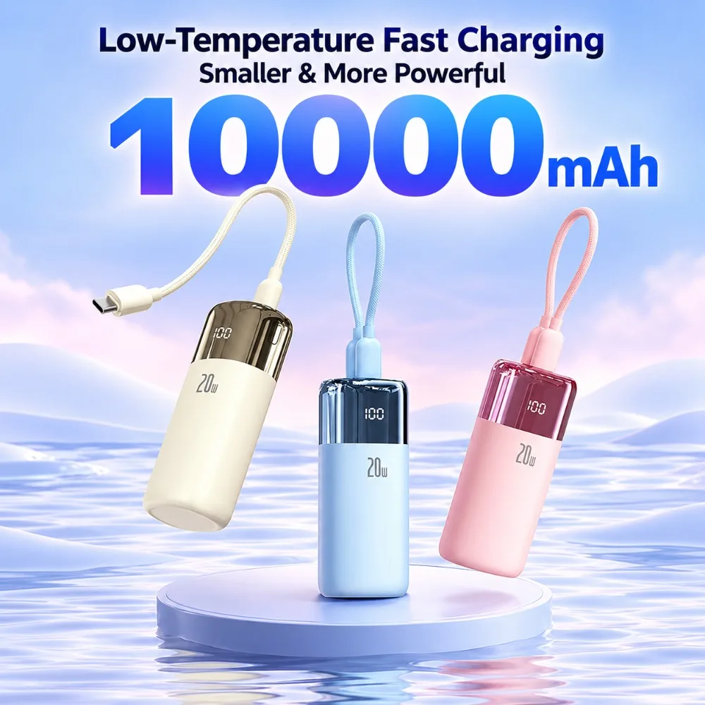 10000mAh Large Capacity Mini Portable Power Bank Mobile Power Supply with Built‑in Lanyard & Cable for IPhone Samsung Xiaomi