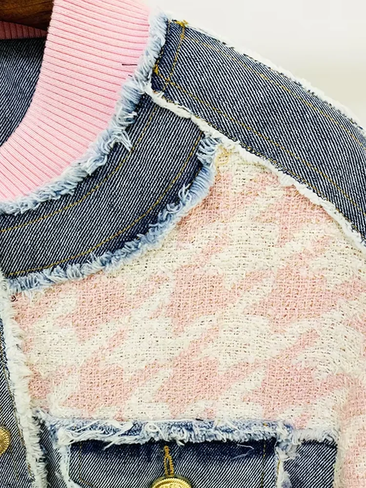 Newest 2024 Designer Fashion Women\'s Lion Buttons Houndstooth Tweed Denim Patchwork Tassel Fringed Jacket