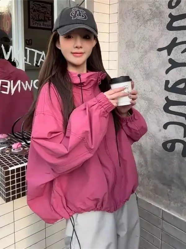 Short Women's Hooded Jacket Spring 2026 New Style Casual Coat Top Zipper Long Sleeve  Color Commute Style Loose Fit