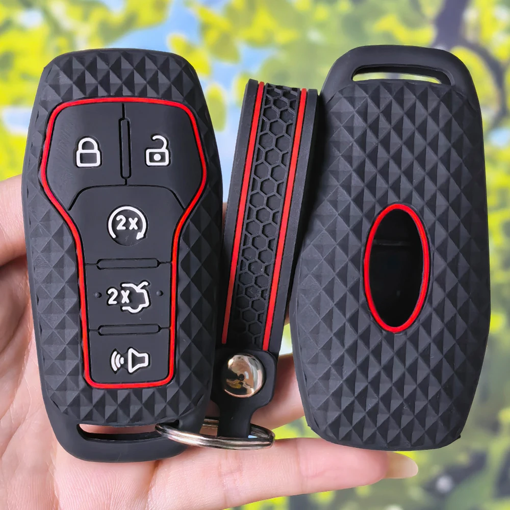 Durable Red Border Key Sleeve With Keychain, Diamond Texture Cover For Ford Fusion F150 Edge Mustang Lincoln MKZ MKC Platinum