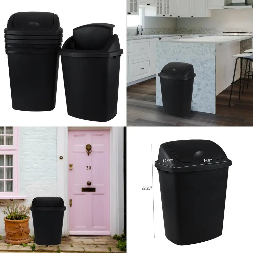 

black swing-top 10-gallon kitchen trash bins, 4-pack