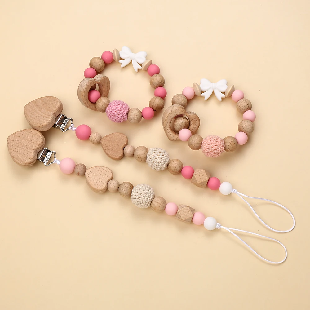 2Pcs Personalized Name Diy Baby Pacifier Clip Chain Heart Wood Silicone Teethers Dummy Nipple Holder Clips Teething Toy Bracelet