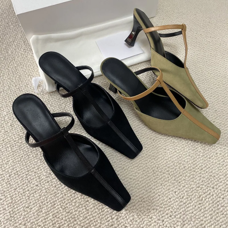 

Summer High-heeled T-strap Leather Sandals Comfortable Versatile Muller Slip-on Black Slippers for Women