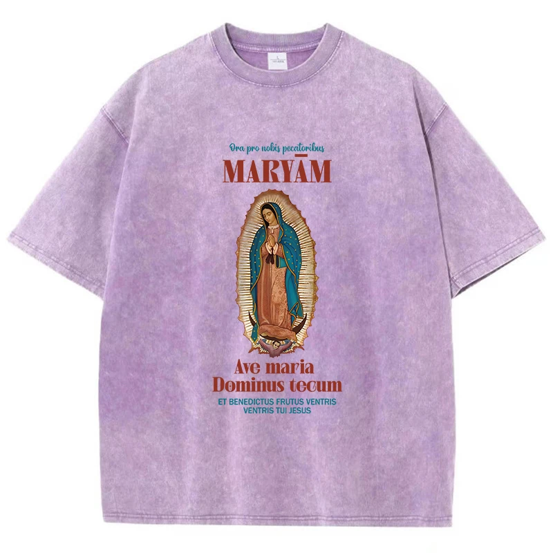 Ave Maria Dominus Tecum Cotton Washed T-Shirts Womens Maryam Print Tops Distressed O-Neck Oversize T Shirts Casual Woman Clothes